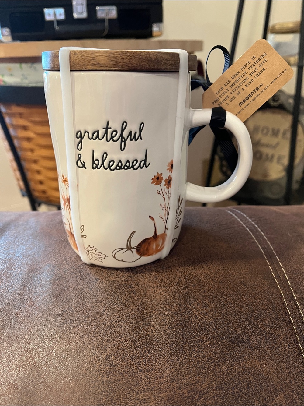 Rae Dunn White Ceramic Mug with Brown Wood Lid - "grateful & blessed"